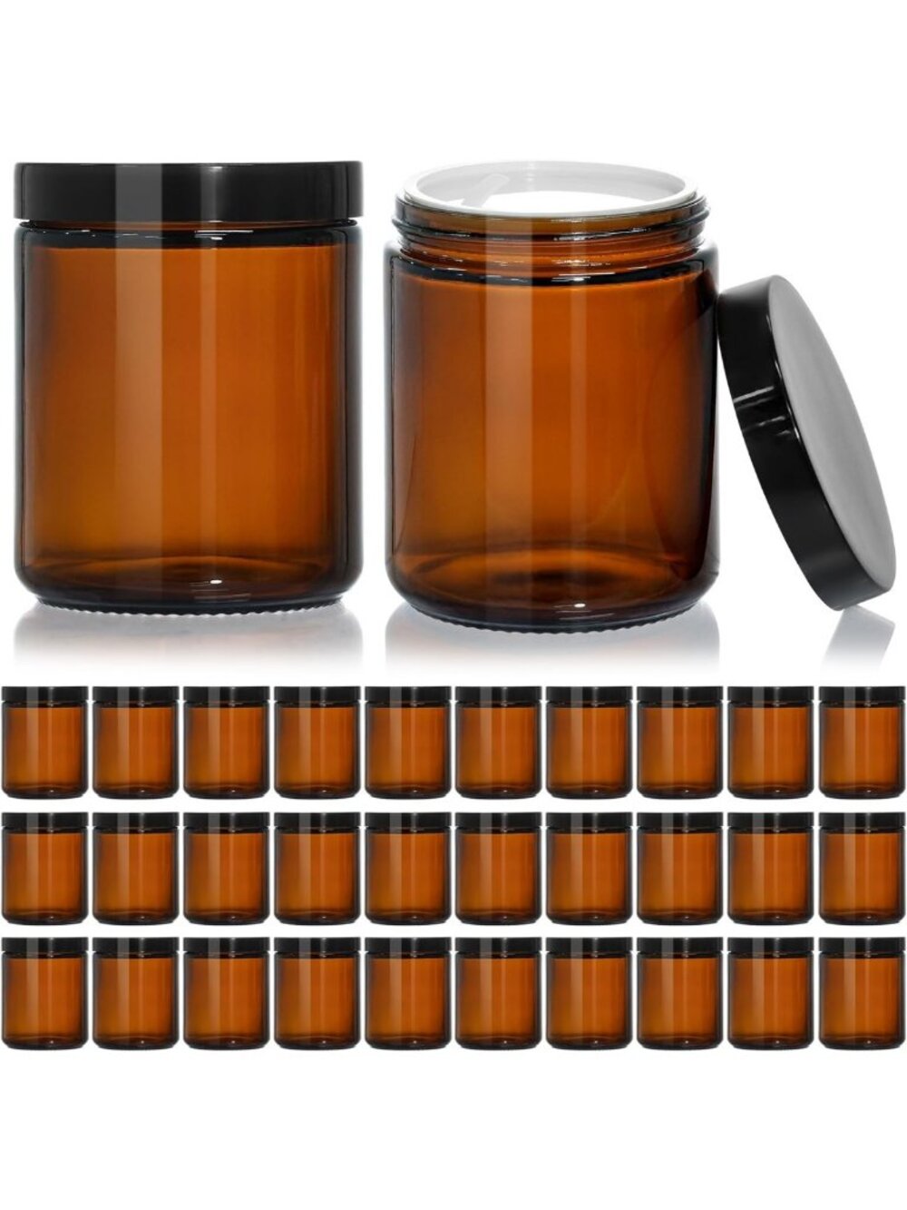 30 Pack 8oz Amber Glass Jars with Black Lids - Perfect for Cosmetics & DIY